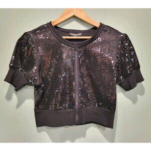 Express Black Full Sequin Short Puff Sleeve Full Zip Crop Top Sz L